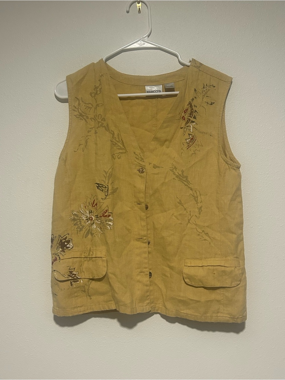 Chico's Mustard Yellow Embroidered Linen Vest